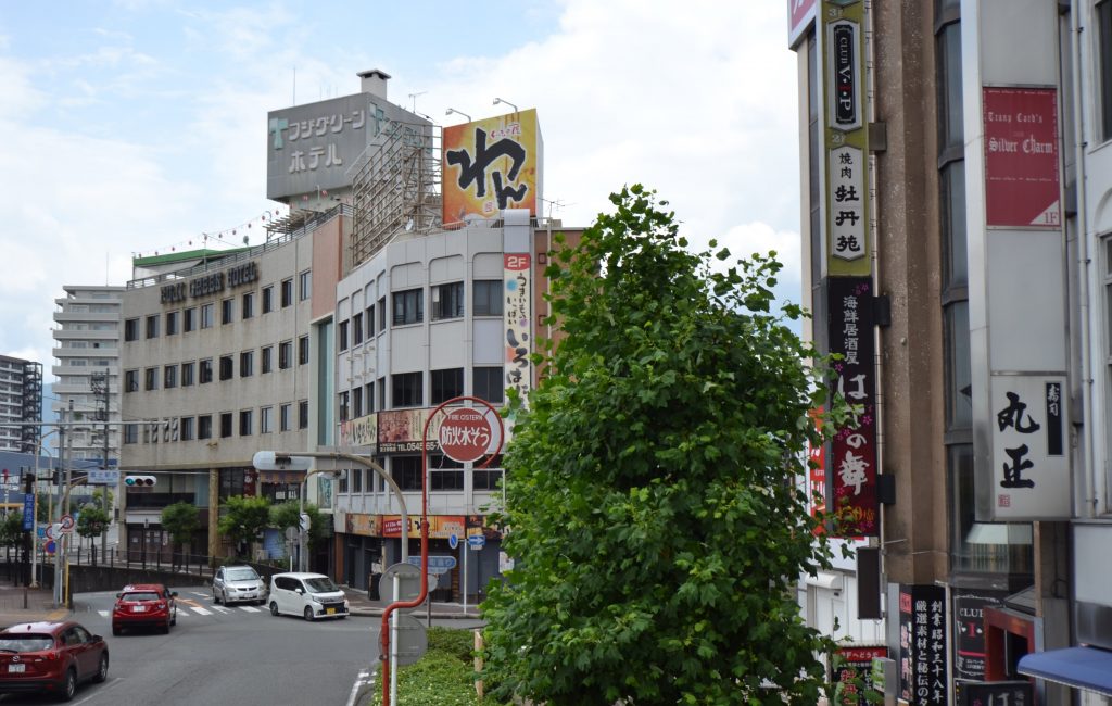 居酒屋チェーン店の看板が目立つ富士駅前